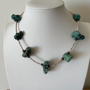 Large Turquoise Chunk, Heishi, and sterling Navajo Necklace